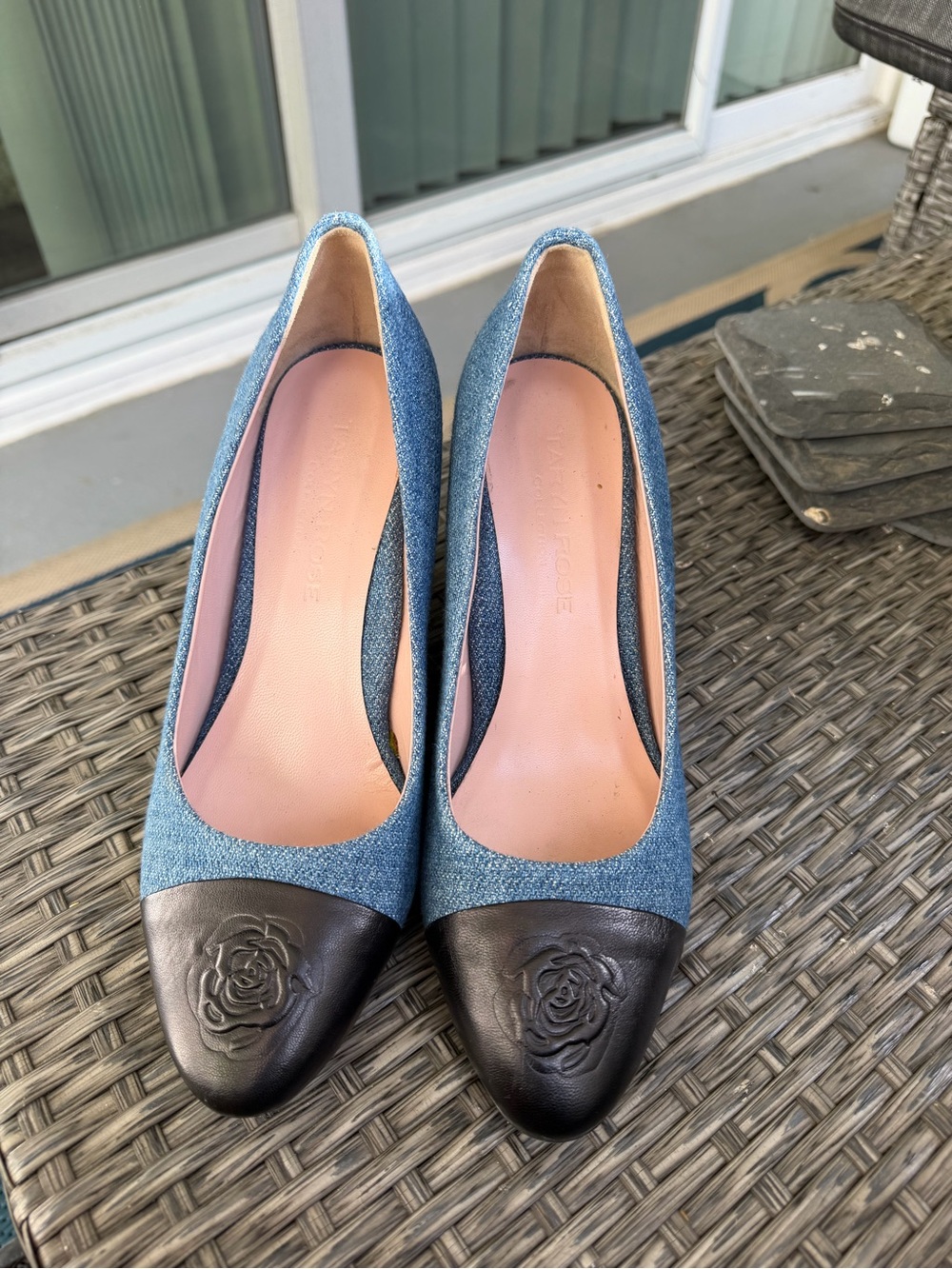Taryn Rose Blue Denim Fabric Pumps with Black Floral Cap-Toe